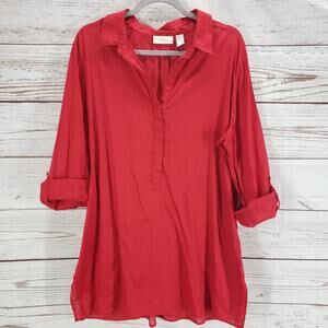 Chico's Women's Red 100%Cotton Light Sheer Roll Tab Sleeve Tunic Top Size 3
